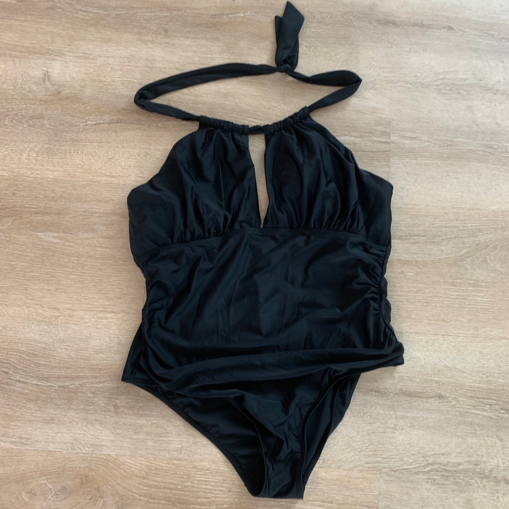 EOMENIE‎ Womens Black Halter One Piece Swimsuit Keyhole Ruched Tummy Control 2XL